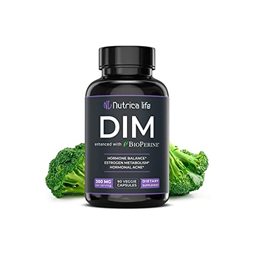 Nutrica Life DIM Supplement 300mg - Diindolylmethane with Broccoli & BioPerine - Hormone Balance Support for Women & Men, Estrogen Metabolism, Menopause Relief & Hormonal Acne Control - 90 Vegan Caps