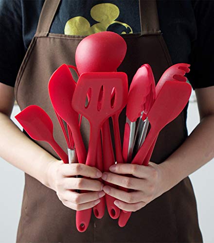 Movie House Silicone Cooking Kitchen Utensils Set, Wooden Handles Cooking Tool BPA Free,Heat Resistant Kitchenware Colorful Non Toxic Kitchen Gadgets Set for Nonstick Cookware (11pcs, red)