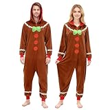 AiMiAO Christmas Gingerbread Man Cosplay Costume Onesies Unisex Long Sleeve Zipper Hooded Jumpsuit for Adults Holiday Parties Brown