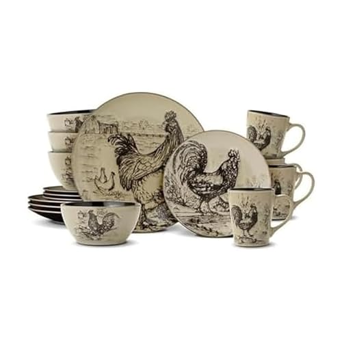 Pfaltzgraff Homespun Rooster 16-Piece Dinnerware Set, Service for 4 Brown