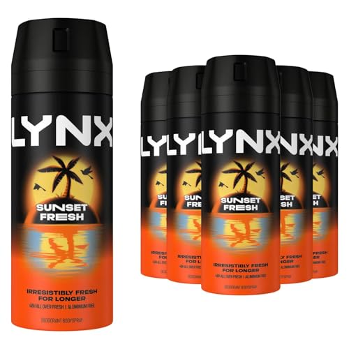 Lynx Men Sunset Fresh Deodorant Body Spray with a mango & mandarin scent for 48 hour all-over freshness 150 ml, Pack of 6