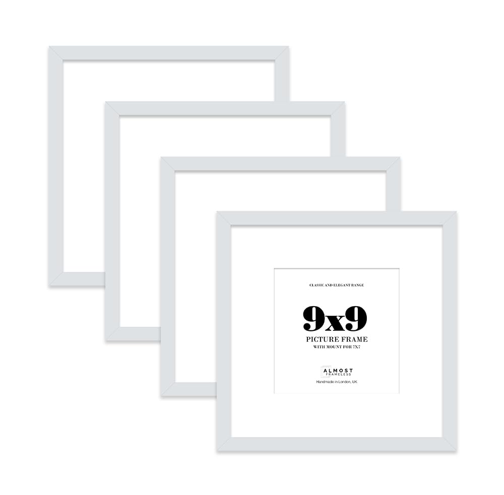 9x9 Light Grey Picture Frame with Mount for 7x7 Photos, Prints - Modern Square Wall Frame, Set of 4