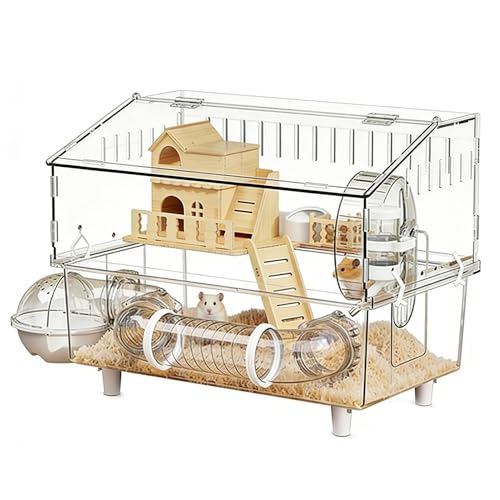 Jaula de hábitat para hábitat de hábitat acrílico de 2 capas, 45 x 30 x 34,5 cm, base de madera transparente, pequeño recinto para mascotas con botella de agua, casa de baños, túnel de bicicleta