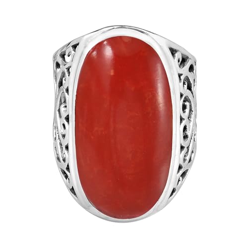AeraVida Bold Lrg Oval Reconstructed Red Coral Intricate Heart Filigree .925 Sterling Silver Ring