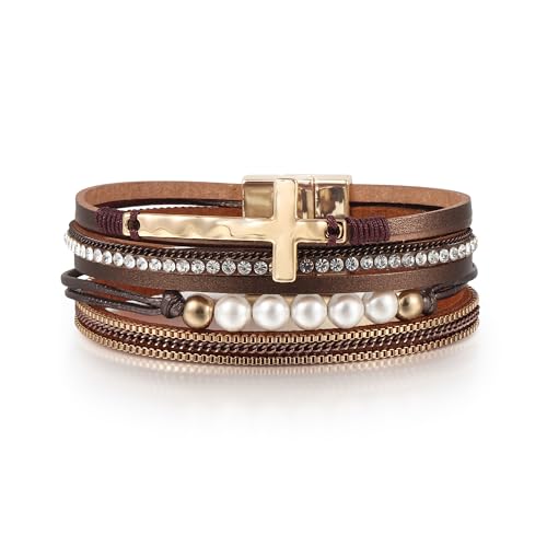 Edoneery Leather Wrap Bracelets for Women, Boho Stacked Cuff Bangle