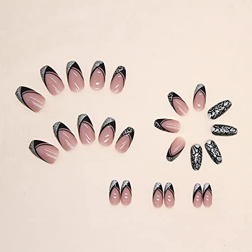 24Pcs Medium Length Fake Nails French Tip Press On Nails Glossy Glue On Nails Full Cover Acrylic Nails Square Black Nail Tip With Glitter Designs Pink False Nails For Women Nail Art Decorations #TOP1
