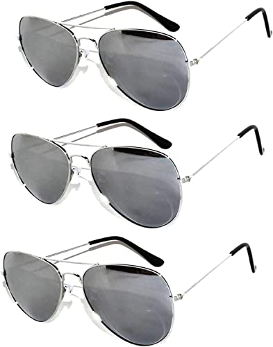 3 Pack Classic Sunglasses Mirror Silver Color Lens Metal Frame UV Protection