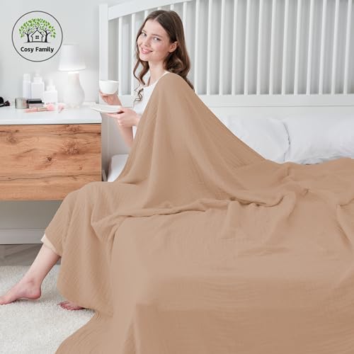 Image of Cosy Family 4 Layer Muslin Bed Blanket - Breathable and Lightweight Gauze Boho Blanket for Spring, Soft 100% Cotton Muslin Blanket, Brown, 55x80 Inches