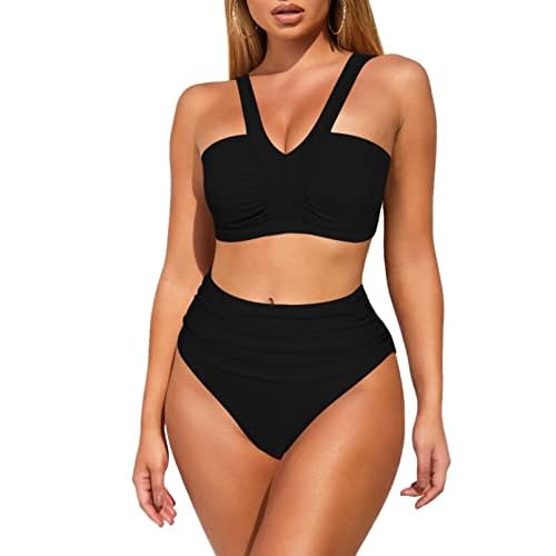 Pink Queen Women's 2 Piece High Waisted Bikini Set Bandeau V Neck Ruched Cheeky Swimsuit Bathing Suit Small Black