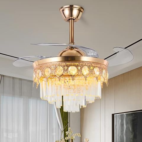 FINE MAKRER 42'' Reversible Ceiling Fan with Light Remote Control 3 LED Color 6 Speed Lights Change Vertical Direction, Retractable Blades, LED Kit Included for Living Bedroom Dining Room（Gold） Cover