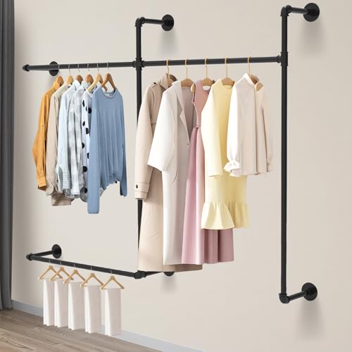 FAHKNS Industrial Pipe Clothing Racks Wall Mounted, Pipe Clothes Rack with 3 Hanging Rods, Heavy Duty Garment Rack for Bedroom, Laundry Room, Closet Systems for Walk in Closets