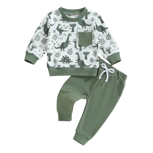 Carolilly Conjunto completo de 2 piezas para niño deportivo recién nacido mono niño niño estampado dinosaurio sudadera sin capucha camisetas manga larga + pantalones elásticos en la cintura, Verde, 18
