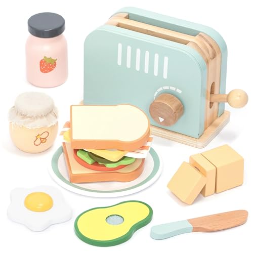 UMU® Grille-Pain en Bois et Sandwich - avec Grille-Pain Pop-up, Coupe Beurre, Accessoires de Cuisine pour Enfants, etc. - Jouet en Bois pour Enfants à partir...