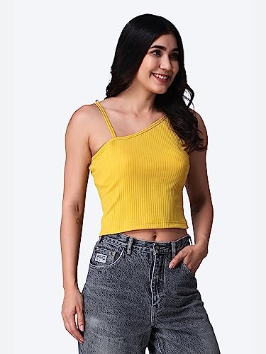 Image of POPWINGS Casual One Shoulder Ribbed Crop Top for Women || Sleeveless Crop Top for Women || Stylish Women Crop Top for Summer || Ribbed Crop Top for Women