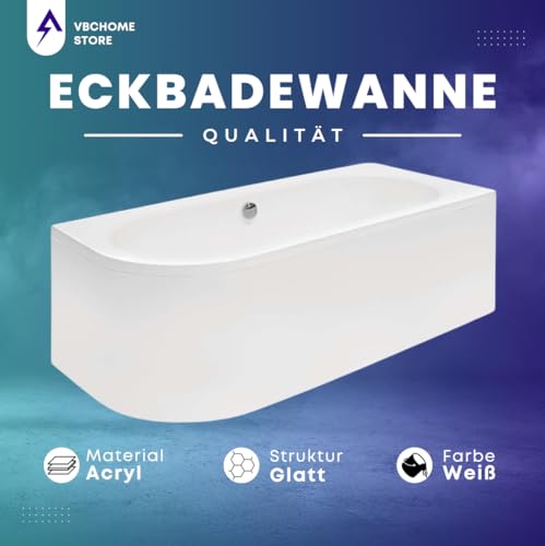 VBChome Badewanne 170x75 cm Acryl SET Schürze Siphon Wanne Eckbadewanne Antirutsch Weiß Design Modern Ablaufgarnitur Viega Simplex für 2 Personen (170x75 rechts)