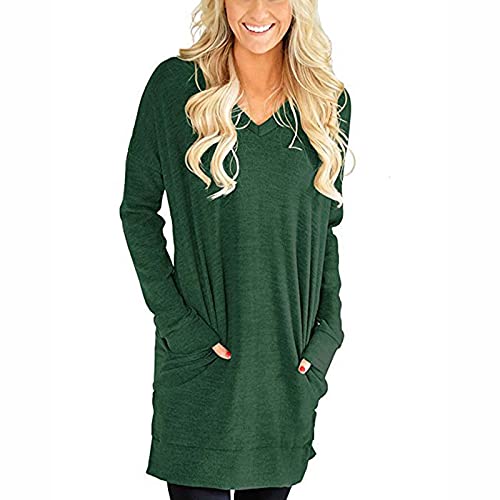 Tops For Womens Work Casual Soft Lightweight Long Sleeve Solid T-Shirts Plus Size V Neck Loose Sweatshirt With Pockets Green #TOP4