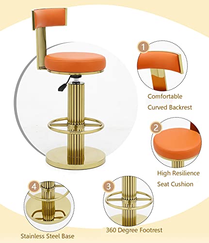 Image of FUNROLUX Counter Height Bar Stools with Back, Modern Adjustable Height Barstools Swivel Bar Chair with Polished Gold Stainless Steel Legs for Kitchen Island Counter Living Room Coffee Shop (Orange)