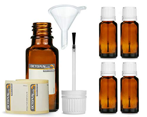 Octopus 5 x 20 ml butelki z pędzlem z zamontowanym pędzlem, butelka z brązowego szkła z zamknięciem pędzlem, butelka do lakieru do paznokci, np. do lakierów, farb, kleju, olejów
