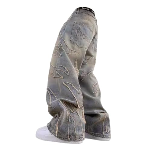 Y2K Men's Street Retro Hip-hop Flame Splicing Wide Leg Gothic Loose Jeans