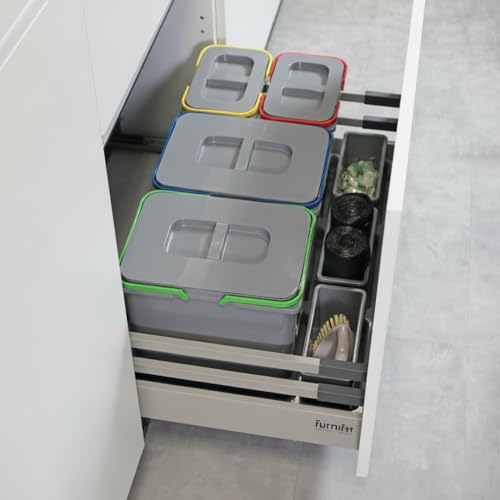 Miniatura 4 de Furnifit Sistema De Separación De Residuos De Cocina Para Armario De 80 Cm, 4 Compartimentos, 2 X 15 L 2 X 7 L Con Tapa Y Asa, Para Cajones, Cubo De Basura De Cocina, Juego De Cubos De Basura