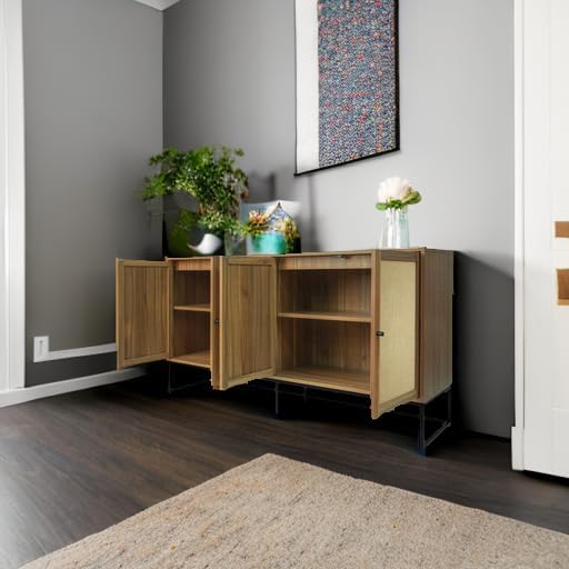 Miniatura 5 de Aparador moderno, armario de almacenamiento con puertas de ratán y estantes ajustables, armario de almacenamiento independiente para cocina,