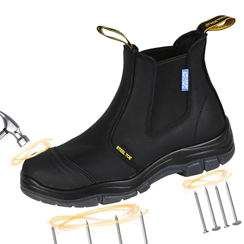 BOIWANMA Work boots for men, Steel Toe, Puncture-resistant, Pull on Chelsea Leather Safety Boots, US Size 12