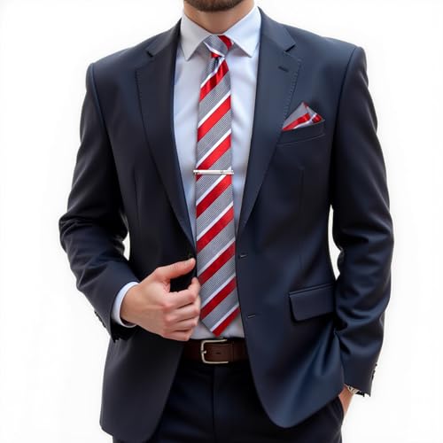 Image of DiBanGu Mens Tie Silk Plaid Striped Necktie and Pocket Square Cufflinks Tie Clip Set with Gift Box Formal Wedding Party