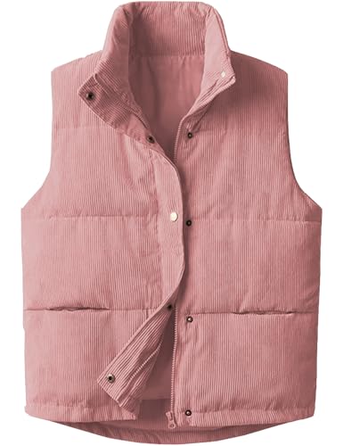 Aisongyuan Womens Corduroy Puffer Vest Stand Collar Zip Snap Button Sleeveless Warm Waistcoat Padded Gilet(Pink,M)
