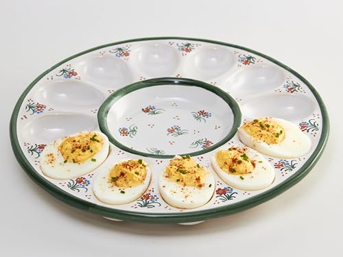 Evocalo Plato Docena Huevos Rellenos Hueco Central Profundo Bandeja Redonda Artesanal Pintada a Mano Verde Cerámica de Talavera 26cm