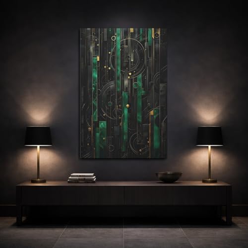 Tableau géométrique émeraude or 30x45 cm vertical pour décoration murale
