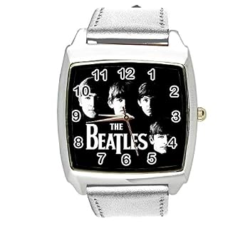 Taport® Montre analogique à quartz avec bracelet en cuir véritable Argenté Carré pour fan de Beatles e2 - Les Beatles, Paul McCartney, John Lennon, RIngo Starr, George Harrison