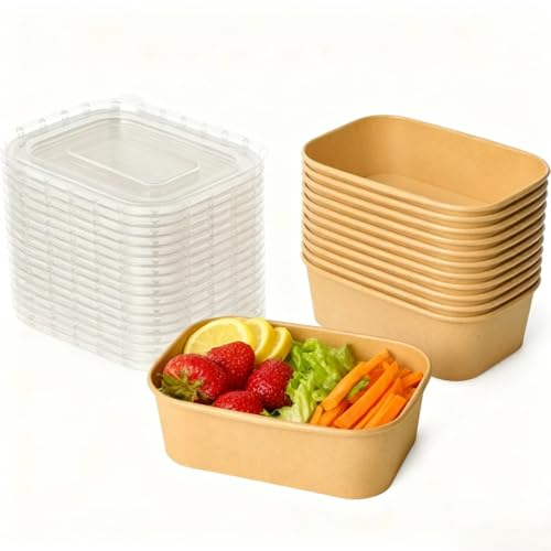 CCYCusine 25 oz 50 Pack Paper Meal Prep Containers with Lids, Disposable Food Containers, Brown Rectangular Paper Bowls with Lids for Snacks, Salad, Soup, Thanksgiving, Christmas