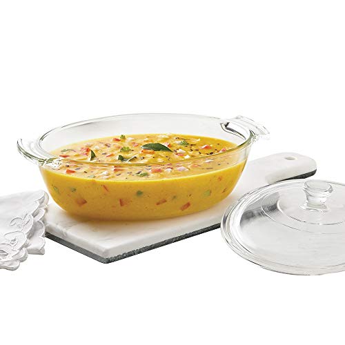 Borosil Glass Casserole Deep Oval – Oven and Microwave Safe Serving Bowl with Glass Lid, 1.3L
