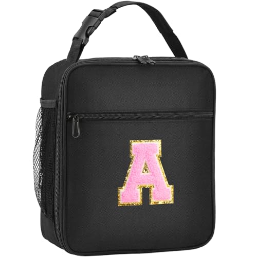 Initial Insulated Lunch Bag, Lunch Box with Initial Letter Patch for Teen Adult, Reusable Lunch Bag for Men Women, Ideal Back to School Gift Back to School Gift Birthday Gift, Pink A