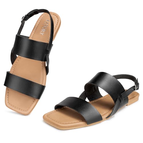 FITORY Flat Sandals for Women 2026 Comfortable Dressy Summer Beach Slides | Square Open Toe,Adjustable Buckle,Slingback Strap,Soft Cushioned Footbed,Casual Walking Vacation Sandals