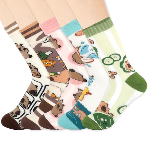 LHOEST Kawaii Calcetines Capybara Niña Mujer Niño 5 Pares Divertidos Calcetines Hombre Mujer 34-42 Coloridos calcetines Animales Cartoon Carpincho calcetine Algodón Regalo para Cumpleaños Navidad