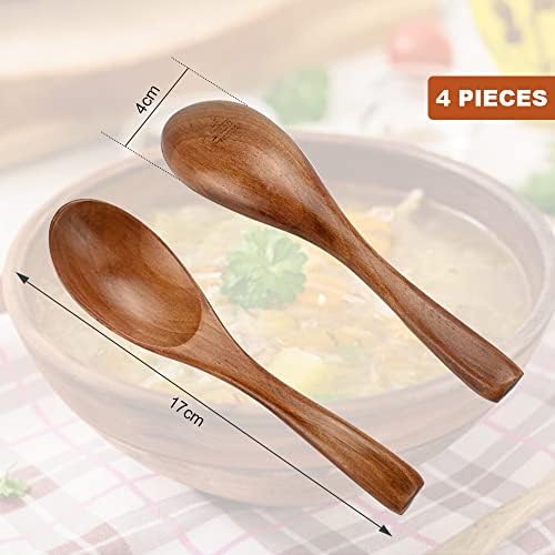 WANTOUTH Wooden Spoon 4Pcs Japanese Style Soup Spoon Honey Coffee Spoon Kitchen Utensil Short Handle Wood Soup Spoons Set Kids Rice Dessert Cooking Spoon for Kitchen Dinner Tableware Set, 17CM/6.7in
