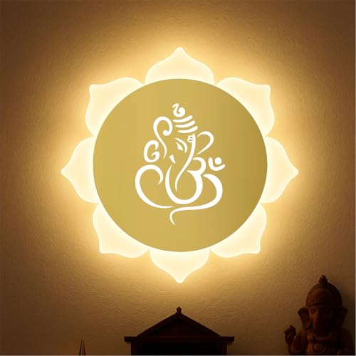 Image of Flower Ganpati LED Wall Light - Gold & Frosted Acrylic | 23cm | Warm White | Ideal for Temple, Living Room, Bedroom, Pooja Room, Mandir, Shops, Hotel (Flower - Ganesh - Gold)