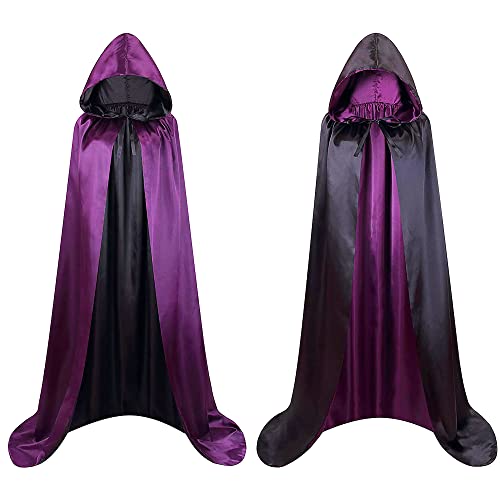 Cape noire à capuche pour costume vampire homme manteau médiéval femme pour Halloween, cape réversible noir rouge vert violet bleu pour costume de sorcière, 140 cm (violet/noir)