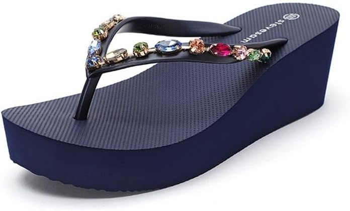 Bath Slippers 6CM Heel Summer Flip Flops for Women - Thick Sole Thong Slippers for Showering and Indoor use(Blue,5)