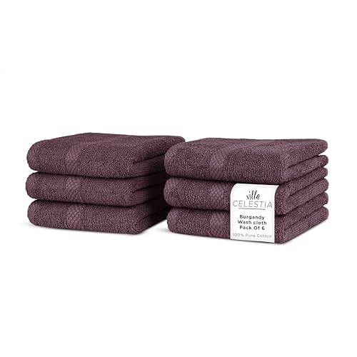 Image of Villa Celestia Cotton Washcloths Set of 6, 12x12 Inch, 100% Ring-Spun Combed Cotton, Soft Absorbent Quick-Dry Wash Cloths for Face and Body, Oeko-TEX Certified, Hotel & Spa Quality, Burgandy