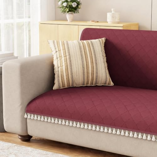 Image of Lukzer Quilted Sofa Cover Mat with Tassels for 3 Seater Sofa - Cranberry Red | Soft Washable Anti-Slip Protector for Living Room | Furniture Cover for Back-Seat Slipcover 180X150CM / SC-194-3T
