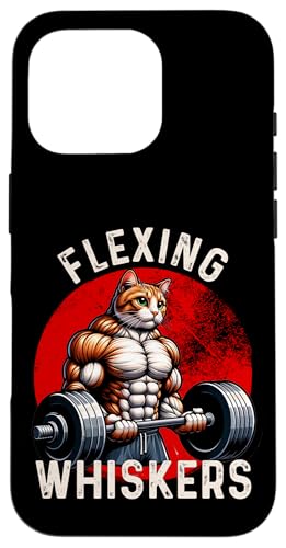 Flexing Whiskers 面白い猫ジム ウェイトリフティング フィットネス スマホケース iPhone 16 Pro 用