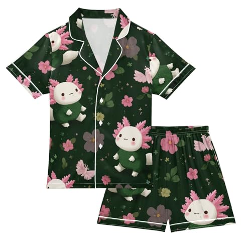 Satin Pajama Sets Short Sleeve Cute Axolotl Floral Pattern Button Down Silky Nightwear 2 Piece PJS 5-14Y