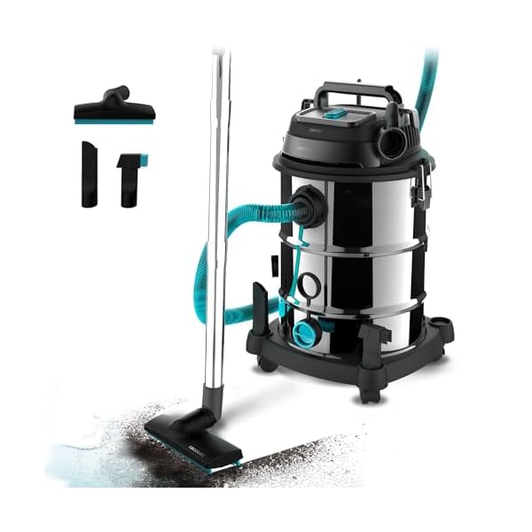 Cecotec Aspirateur pour Solides et Liquides de 30 L Conga Rockstar Wet & Dry Steel Pro. 1600 W, 23 kPa, Système de Drainage, Aspirateur et Souffleur, Structure Métallique, Roues, Rayon d'Action de 5m.