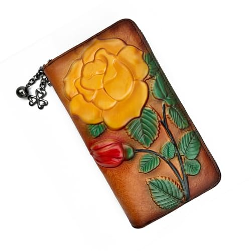 Image of Wallet Genuine Leather for Women - with RFID Blocking Card checkbook ID Slot Large Capacity Vintage style (big rose brown)