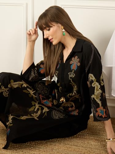 Image of INDO ERA Women's Pure Cotton Floral Embroidered Straight Kurta & Palazzo Set | Cord Set For Women Cotton