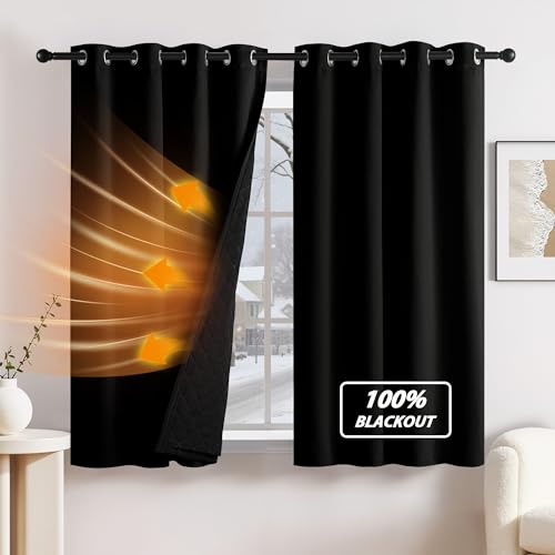 NICETOWN Black Blackout Curtains for Bedroom 63 Inch Long, Grommet Thermal Insulated 3 in 1 Soundproof Curtains with Black Liner Room Darkening Window