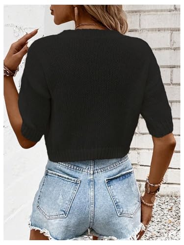 Image of GORGLITTER Women's Puff Short Sleeve Crop Cropped Sweaters Top Cute Outfits | Old Money Outfits Women, Date Night Outfit for Women, Going Out Tops Trendy, Knit Tops Sweater