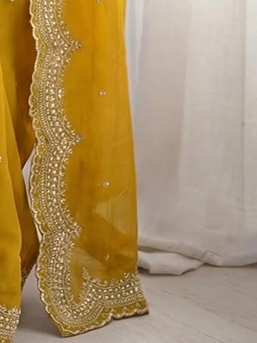 Image of SIRIL Women's Shimmer Georgette Scalloped Border Sequins Embroidery Saree with Unstitched Blouse Piece